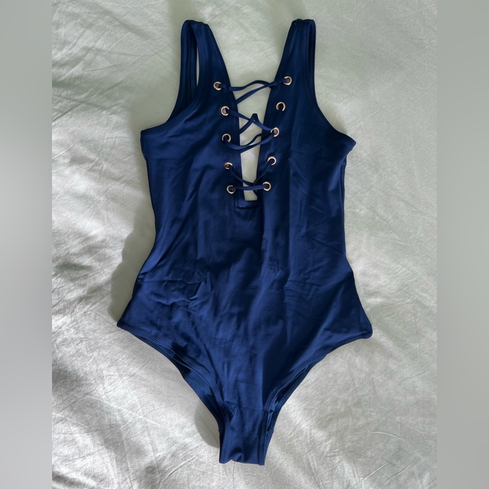 corset neck and scoop back navy one piece swimsuit